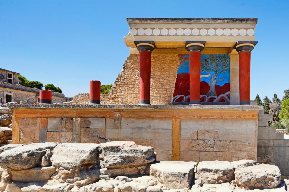 Kouvalite Car Rental | Rent a Car Herkalion, Crete The North Entrance of the Palace with charging bull fresco in Knossos at Crete, Greece