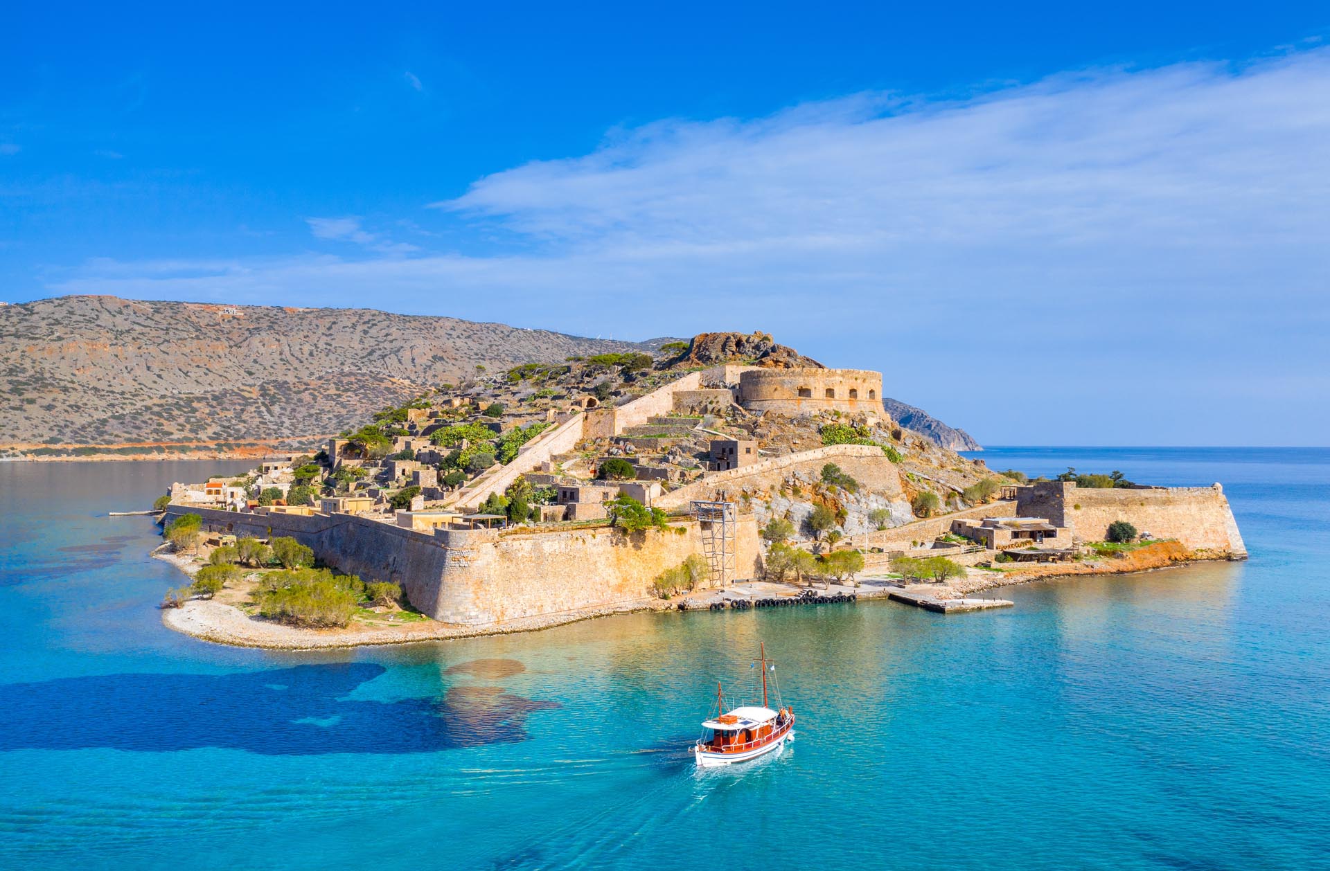 Kouvalite Car Rental | Rent a Car Herkalion, Crete aerial view of the island of Spinalonga, gulf of Elounda, Crete